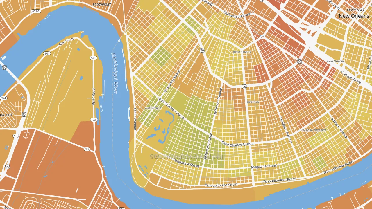 Map of the best neighborhoods in the Audubon, New Orleans area, with better matches in green and worse matches in red