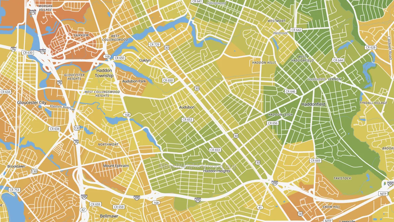 Map of the best neighborhoods in the Audubon area, with better matches in green and worse matches in red