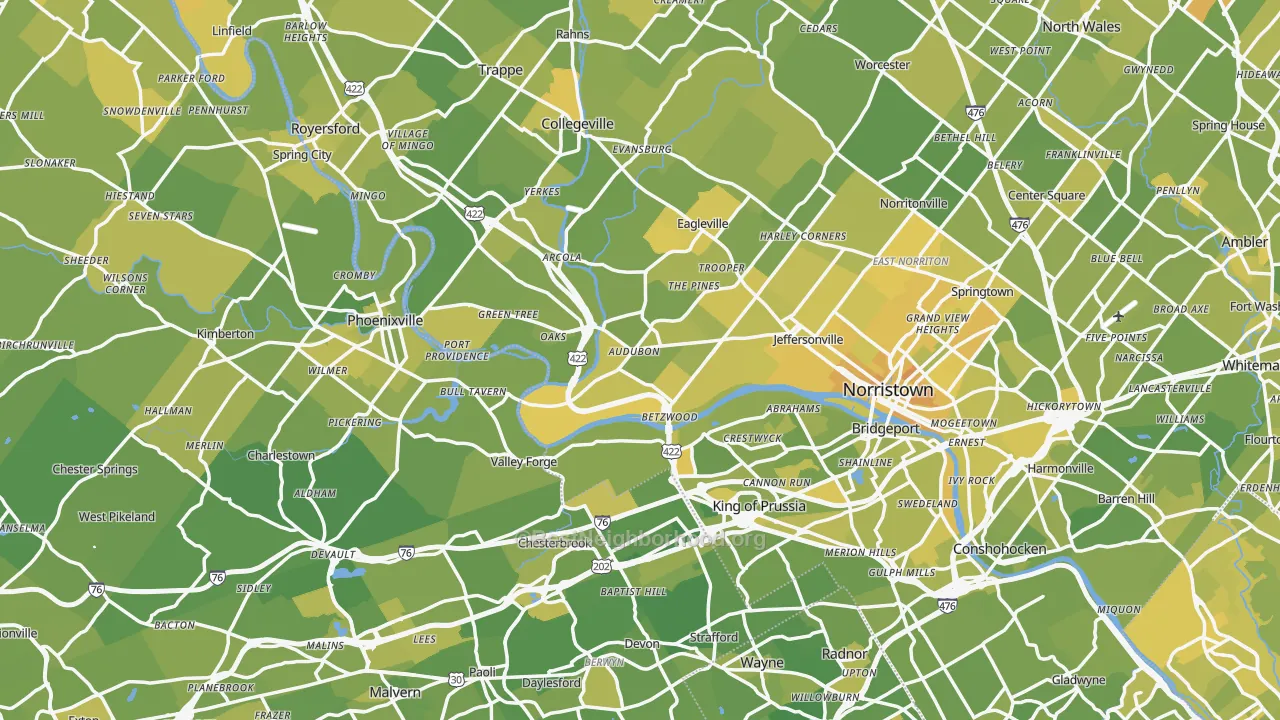 Map of the best neighborhoods in the Audubon area, with better matches in green and worse matches in red