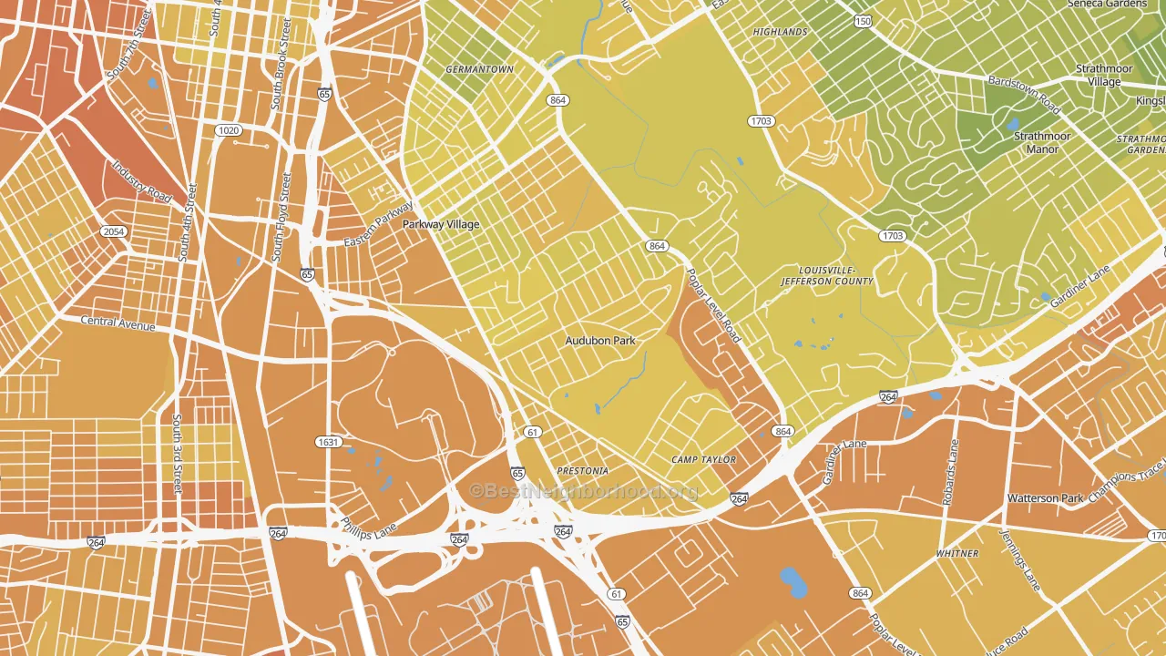 Map of the best neighborhoods in the Audubon Park area, with better matches in green and worse matches in red
