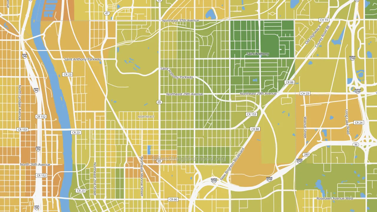 Map of the best neighborhoods in the Audubon Park, Minneapolis area, with better matches in green and worse matches in red