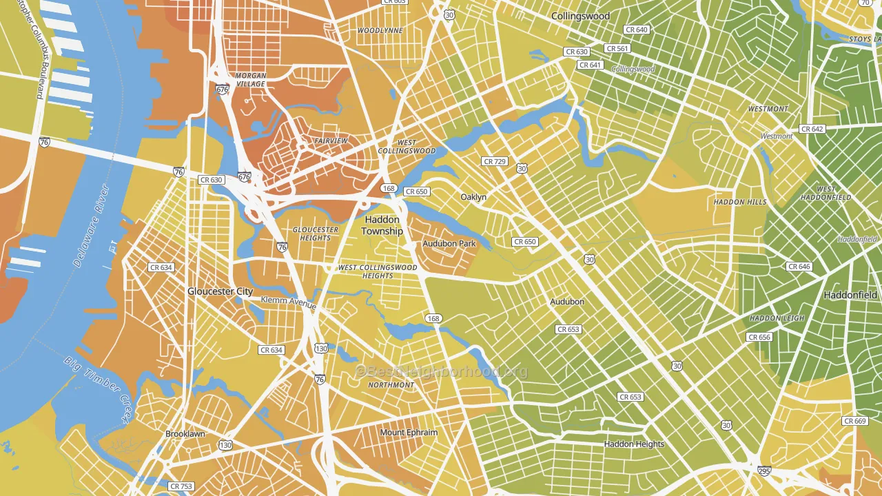 Map of the best neighborhoods in the Audubon Park area, with better matches in green and worse matches in red