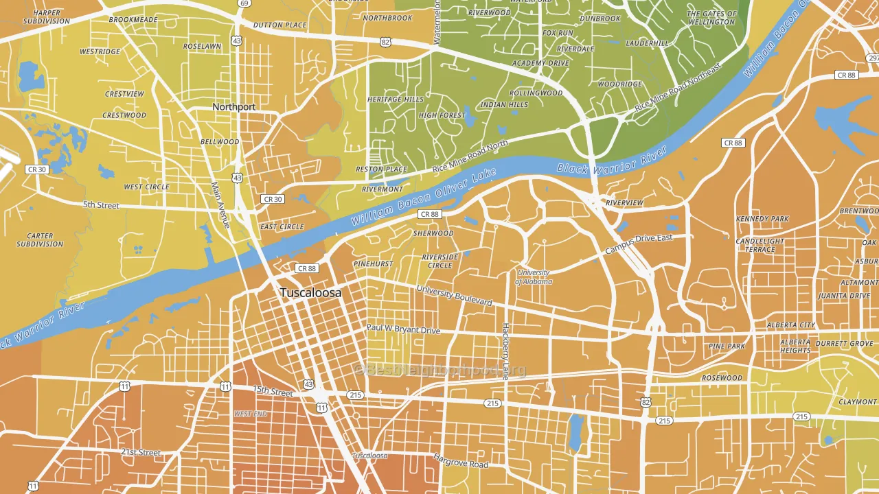 Map of the best neighborhoods in the Audubon Place, Tuscaloosa area, with better matches in green and worse matches in red