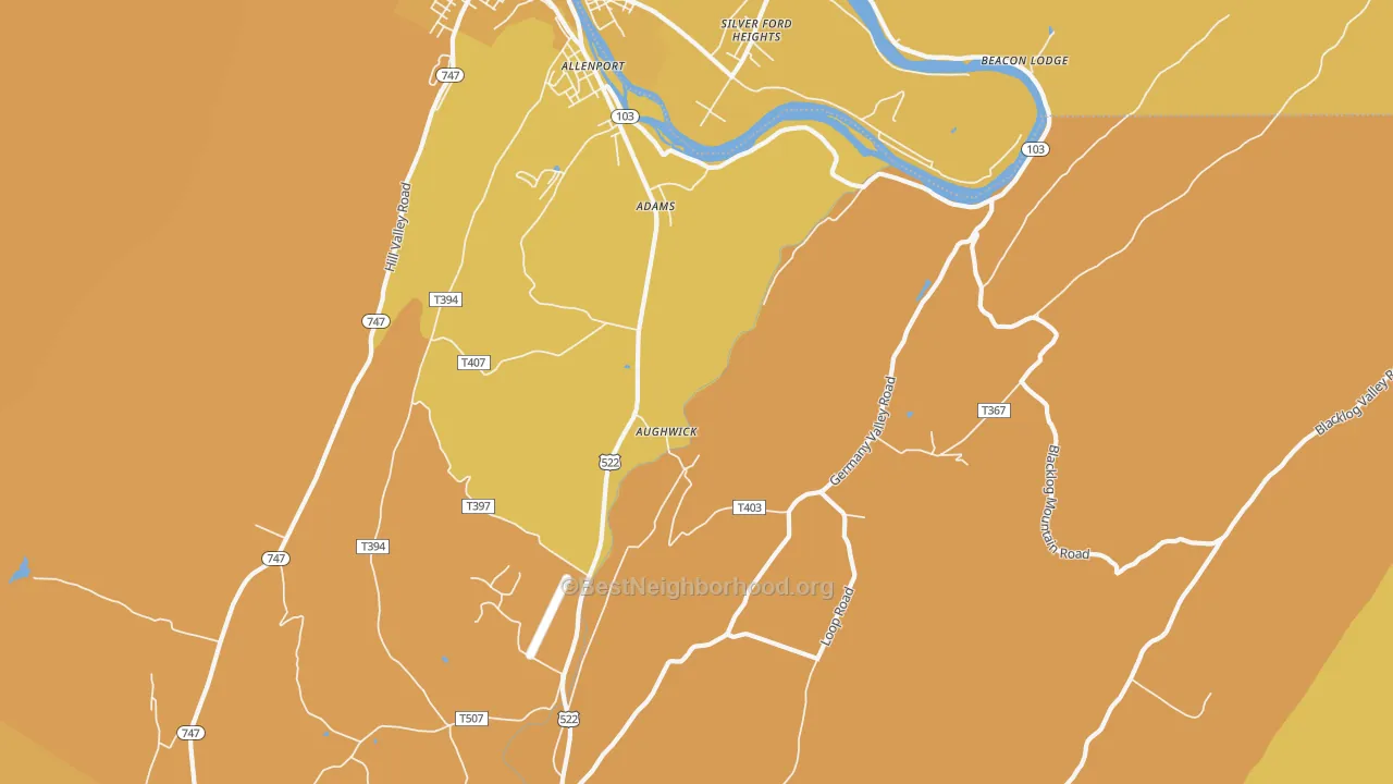 Map of the best neighborhoods in the Aughwick area, with better matches in green and worse matches in red