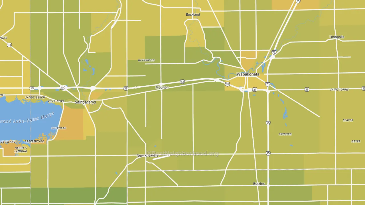 Map of the best neighborhoods in the Auglaize County area, with better matches in green and worse matches in red