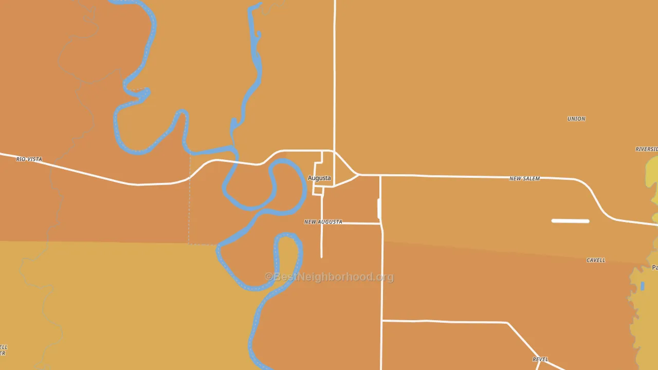 Map of the best neighborhoods in the Augusta area, with better matches in green and worse matches in red