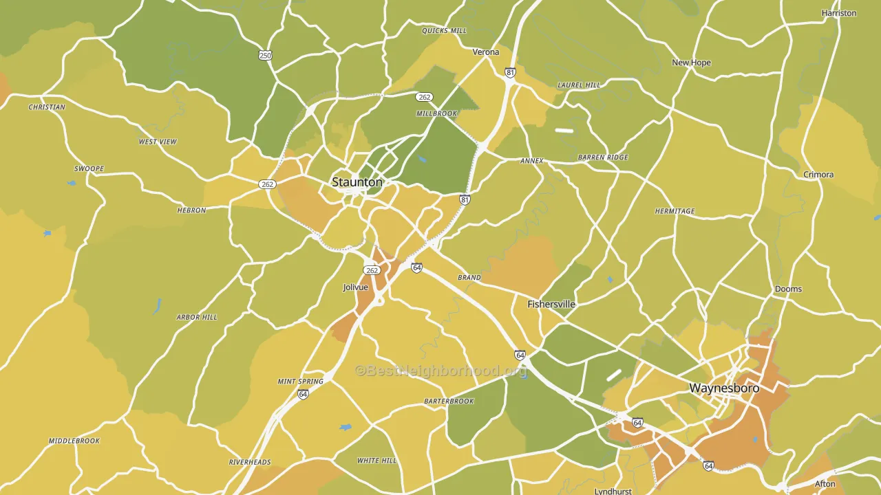 Map of the best neighborhoods in the Augusta County area, with better matches in green and worse matches in red