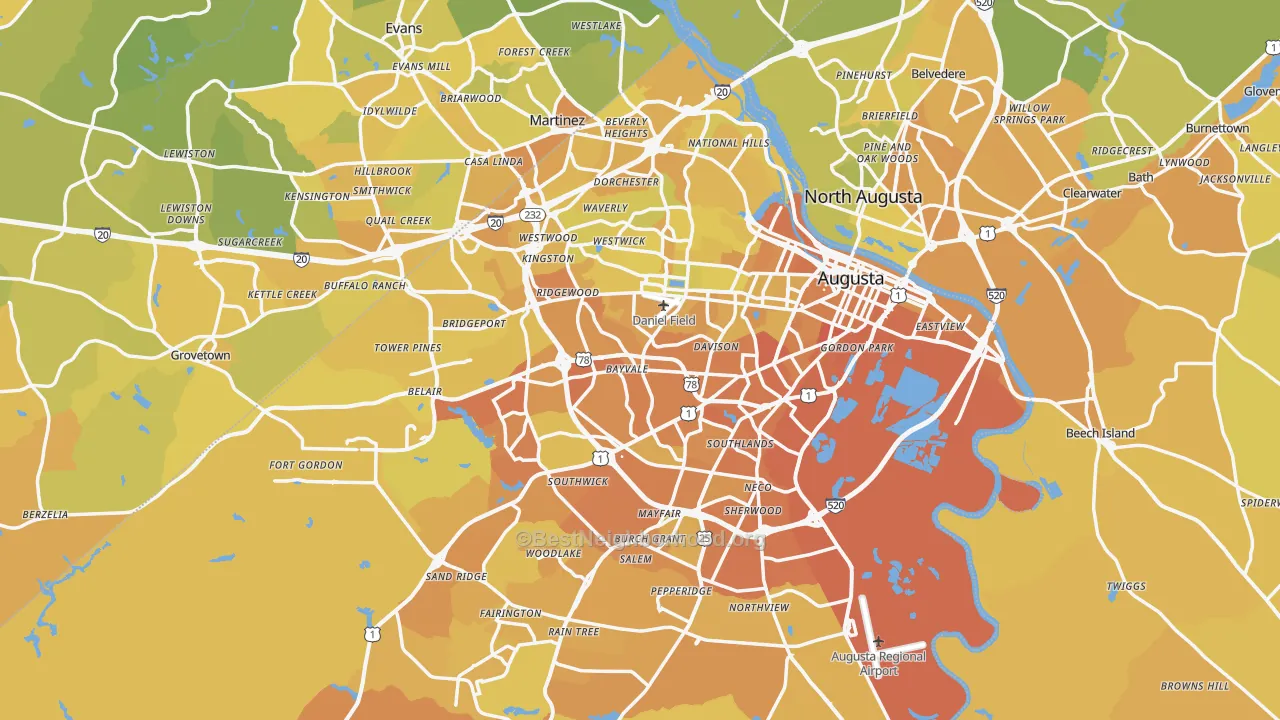 Map of the best neighborhoods in the Augusta Metro area, with better matches in green and worse matches in red