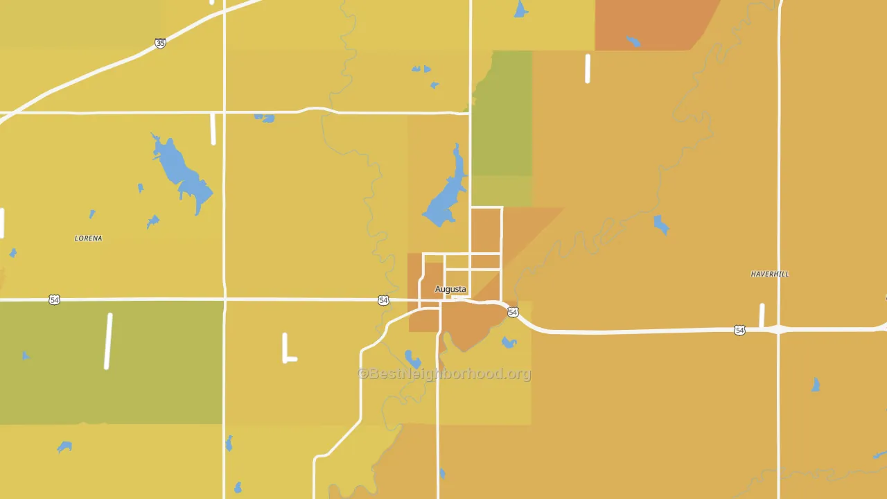 Map of the best neighborhoods in the Augusta area, with better matches in green and worse matches in red
