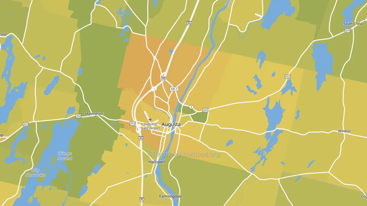 Map of the best neighborhoods in the Augusta area, with better matches in green and worse matches in red