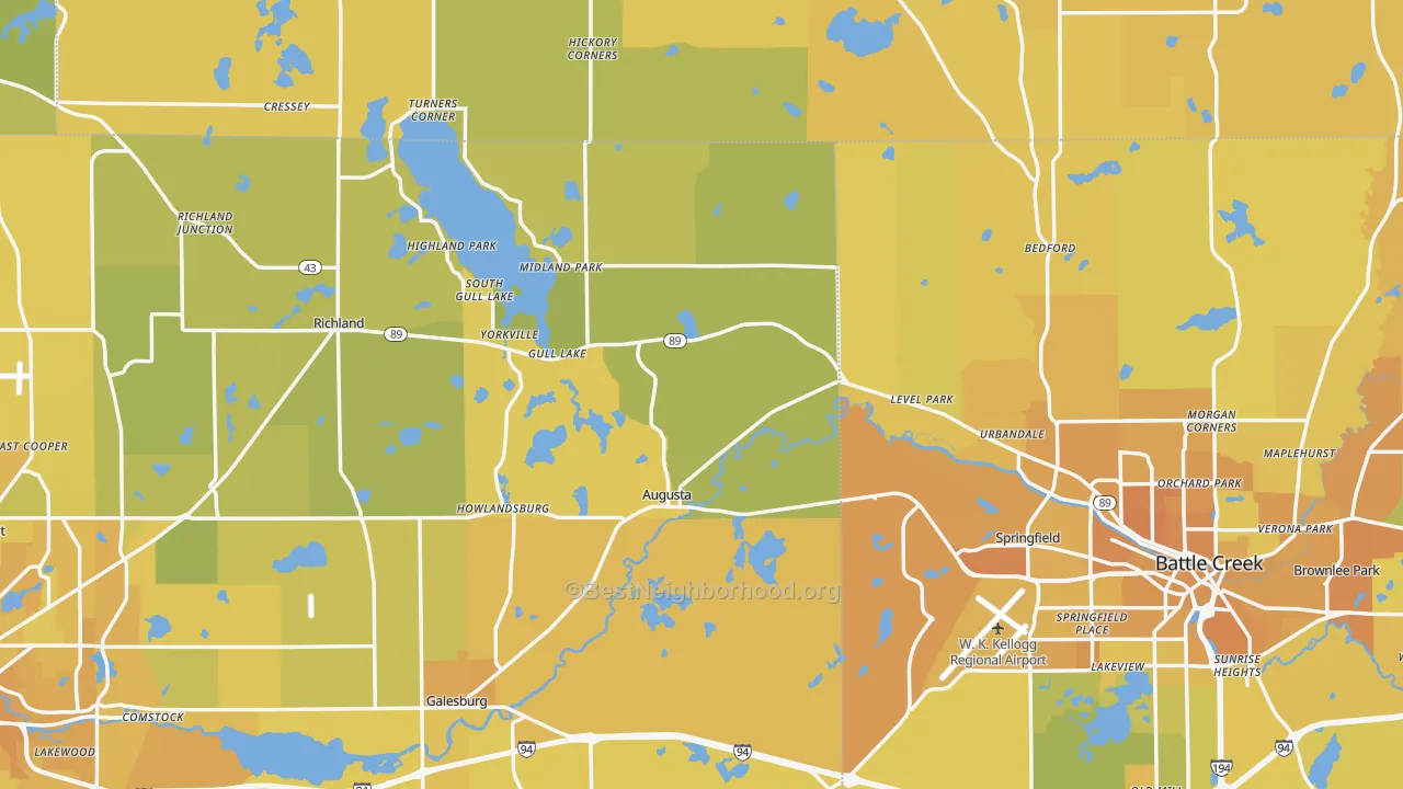 Map of the best neighborhoods in the Augusta area, with better matches in green and worse matches in red