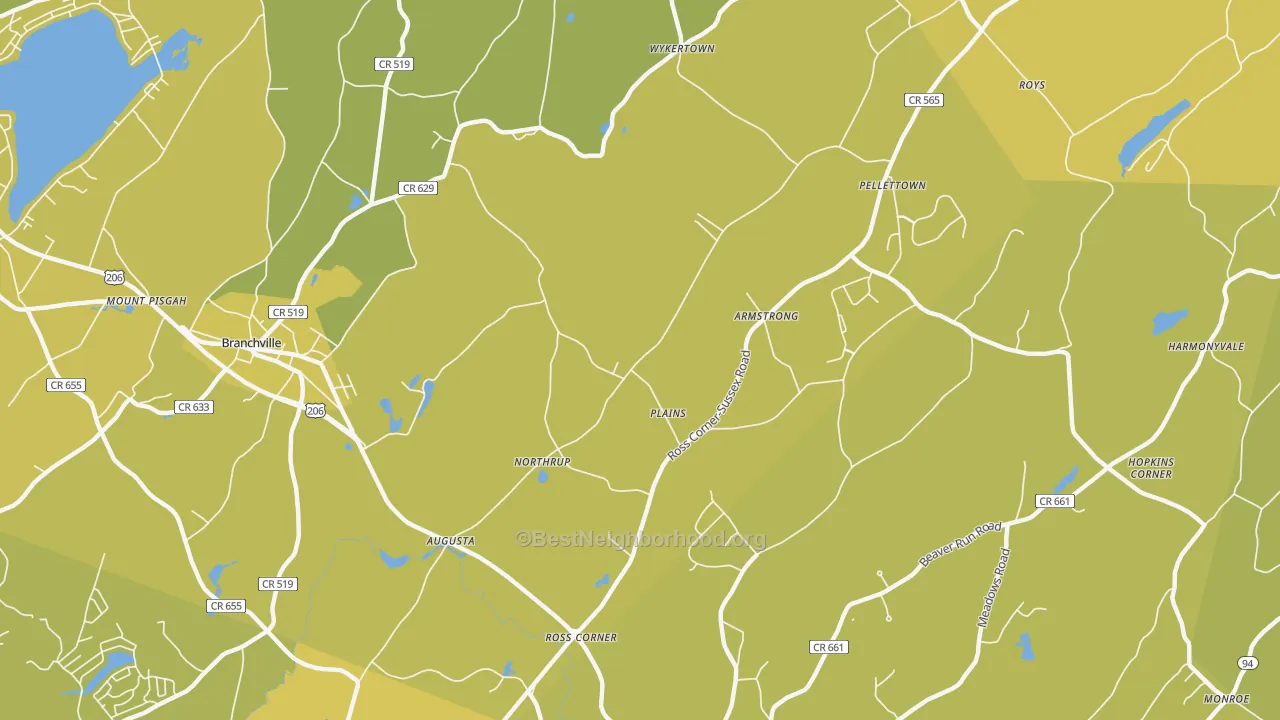 Map of the best neighborhoods in the Augusta area, with better matches in green and worse matches in red