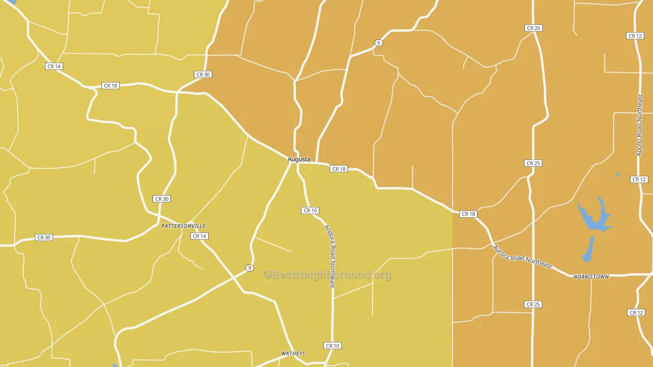 Map of the best neighborhoods in the Augusta area, with better matches in green and worse matches in red