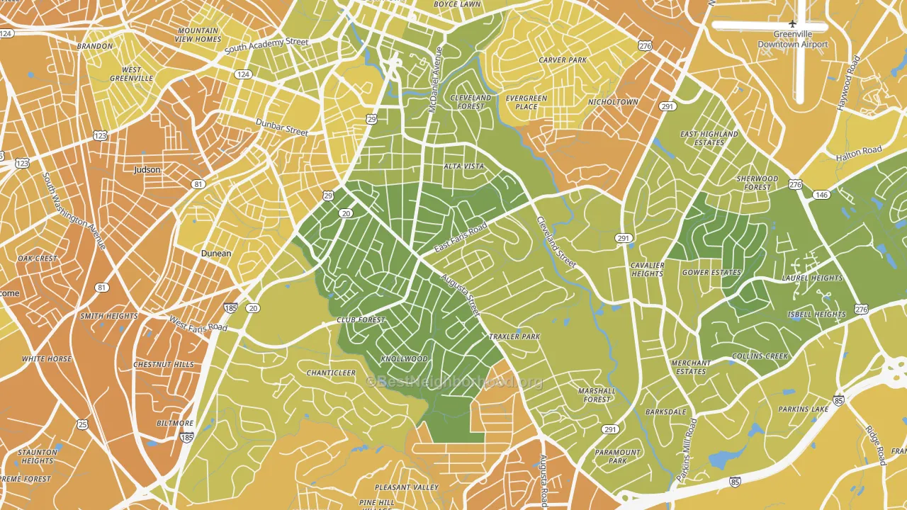 Map of the best neighborhoods in the Augusta Street Area, Greenville area, with better matches in green and worse matches in red