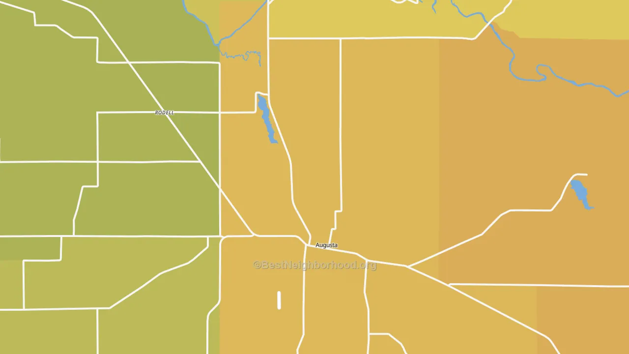Map of the best neighborhoods in the Augusta area, with better matches in green and worse matches in red