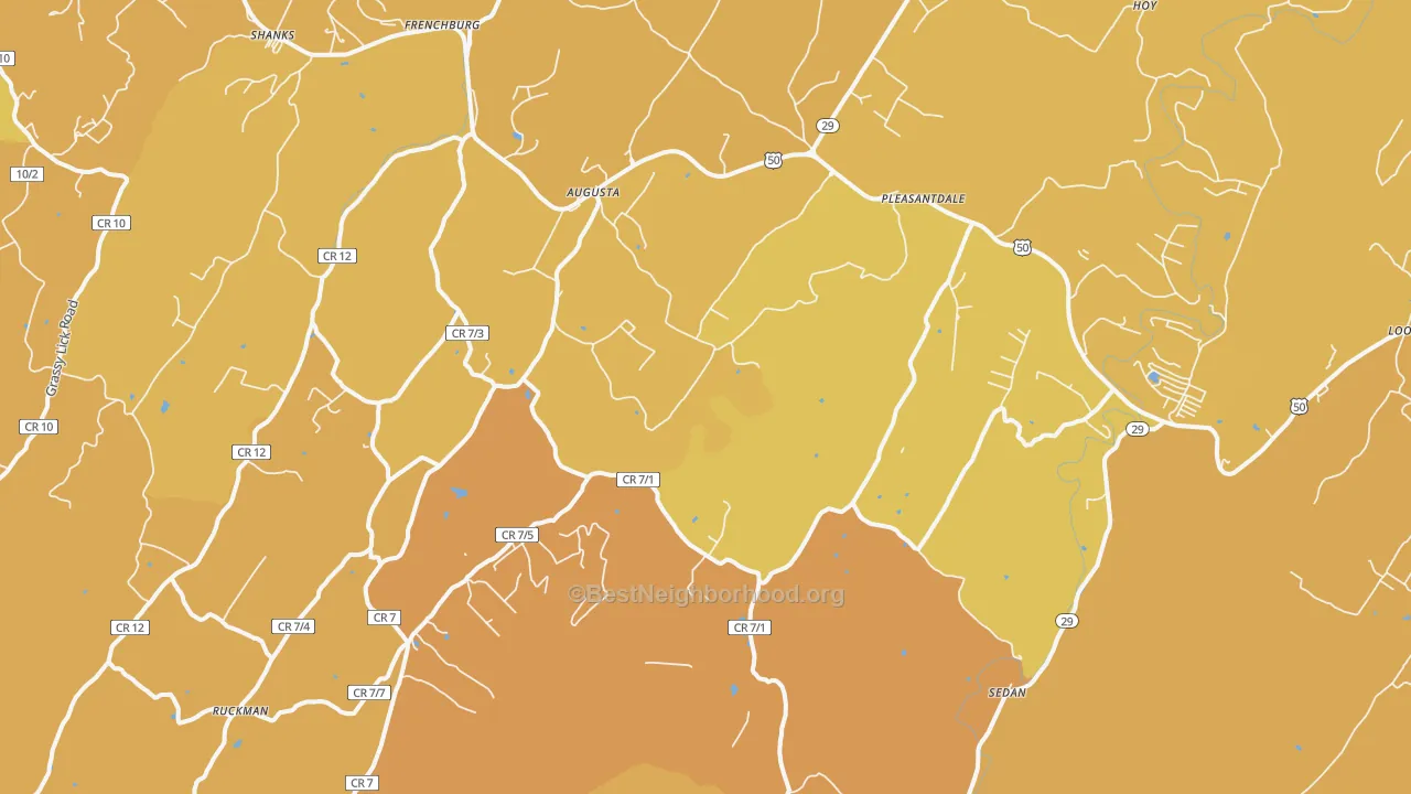Map of the best neighborhoods in the Augusta area, with better matches in green and worse matches in red