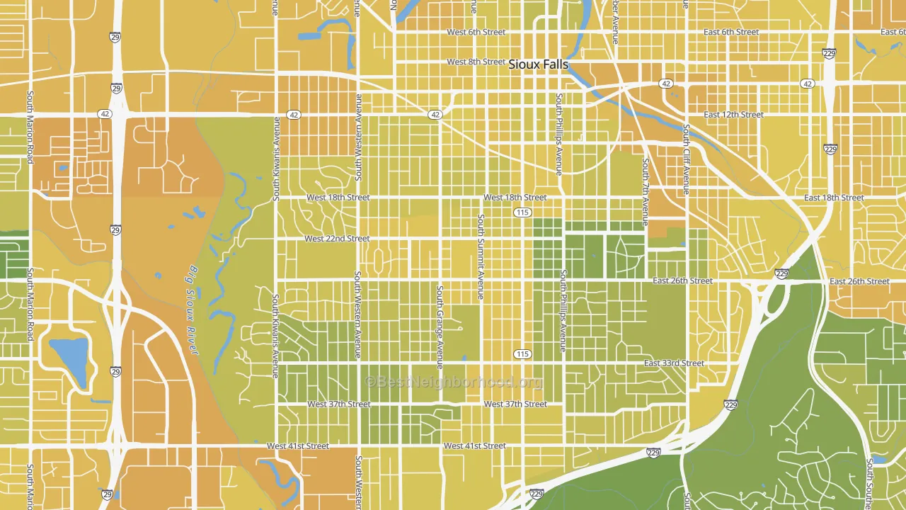 Map of the best neighborhoods in the Augustana, Sioux Falls area, with better matches in green and worse matches in red