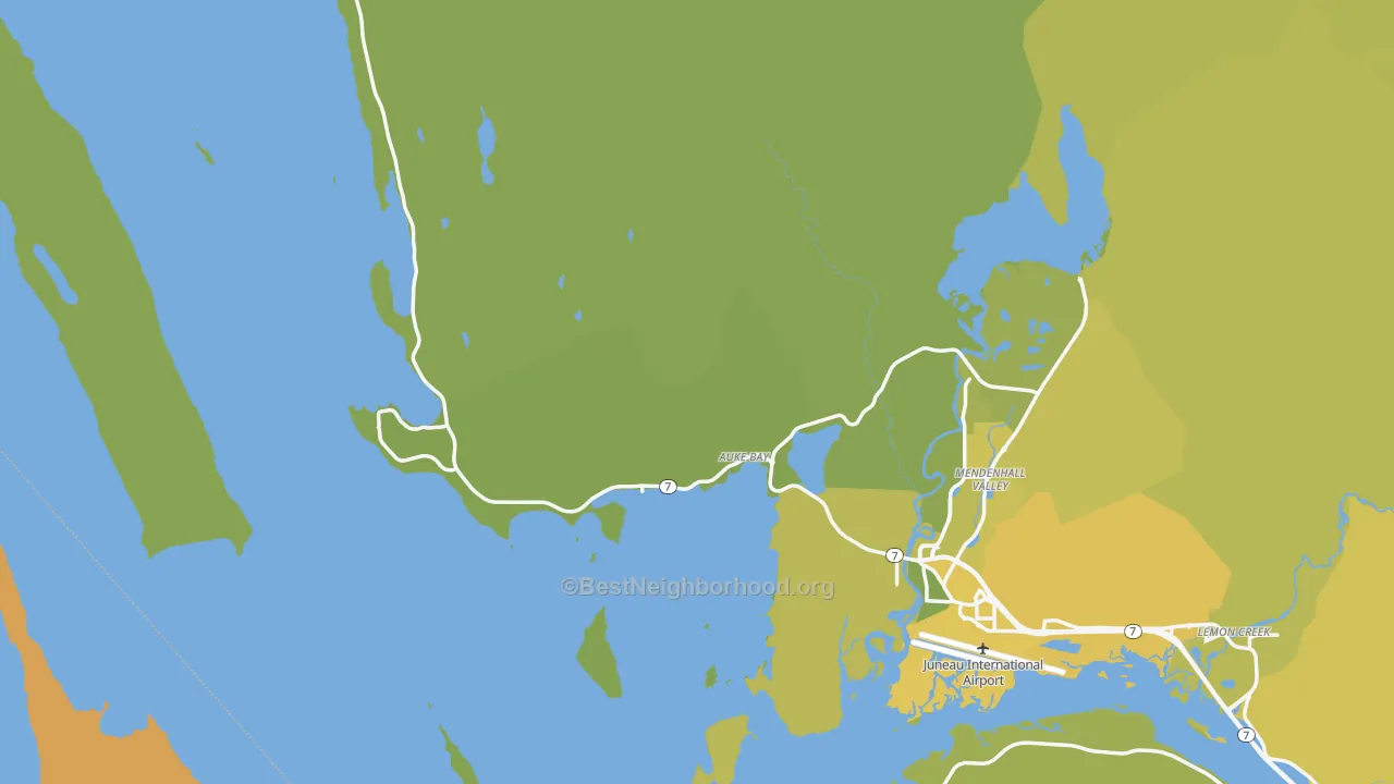 Map of the best neighborhoods in the Auke Bay area, with better matches in green and worse matches in red