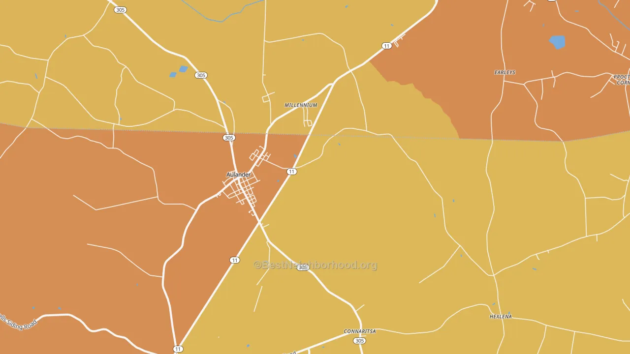 Map of the best neighborhoods in the Aulander area, with better matches in green and worse matches in red