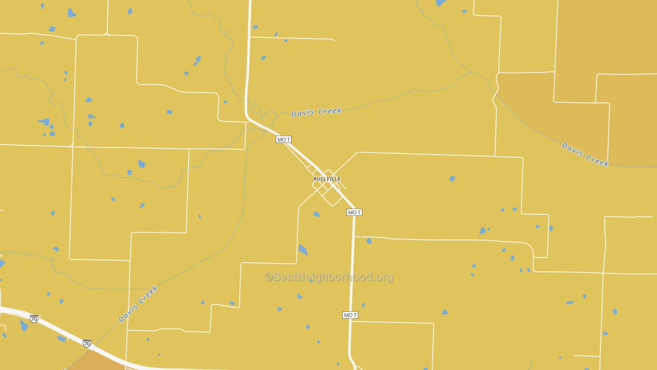 Map of the best neighborhoods in the Aullville area, with better matches in green and worse matches in red