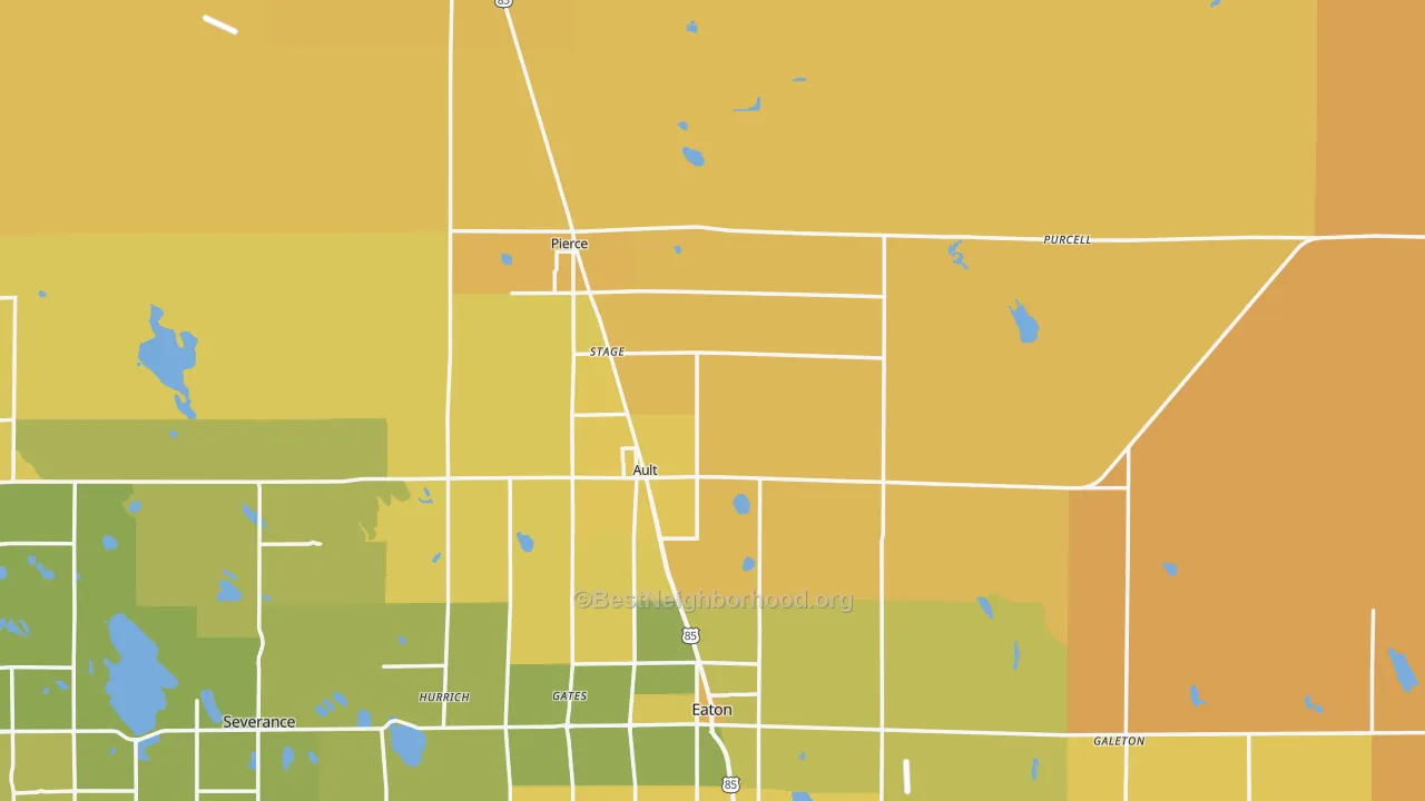 Map of the best neighborhoods in the Ault area, with better matches in green and worse matches in red