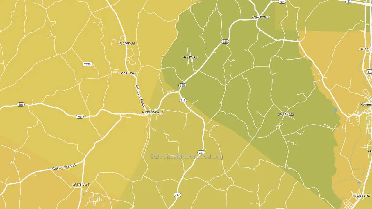 Map of the best neighborhoods in the Aultman area, with better matches in green and worse matches in red
