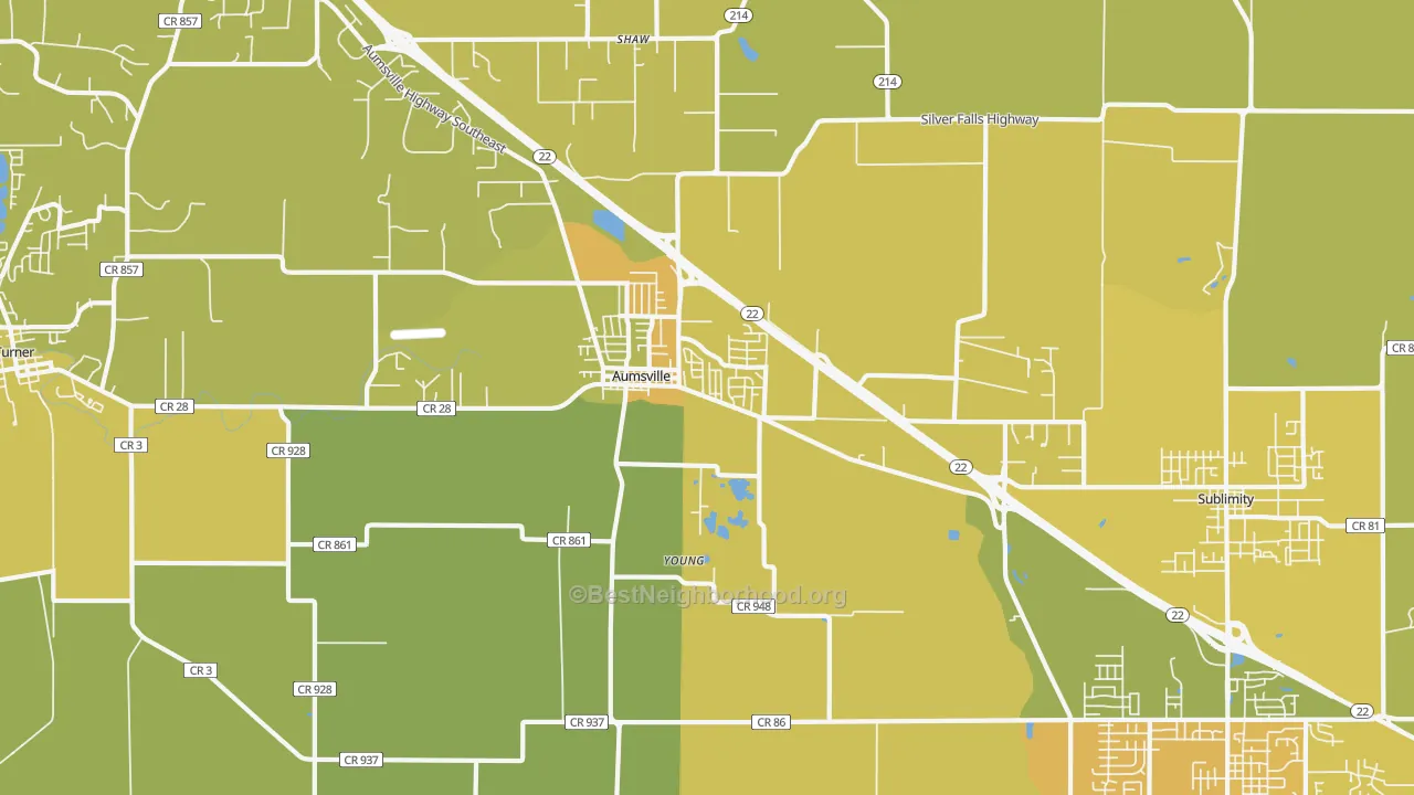 Map of the best neighborhoods in the Aumsville area, with better matches in green and worse matches in red