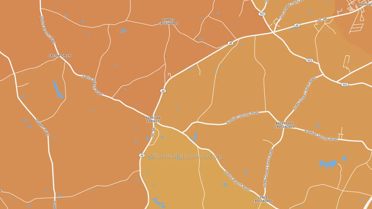 Map of the best neighborhoods in the Aurelian Springs area, with better matches in green and worse matches in red