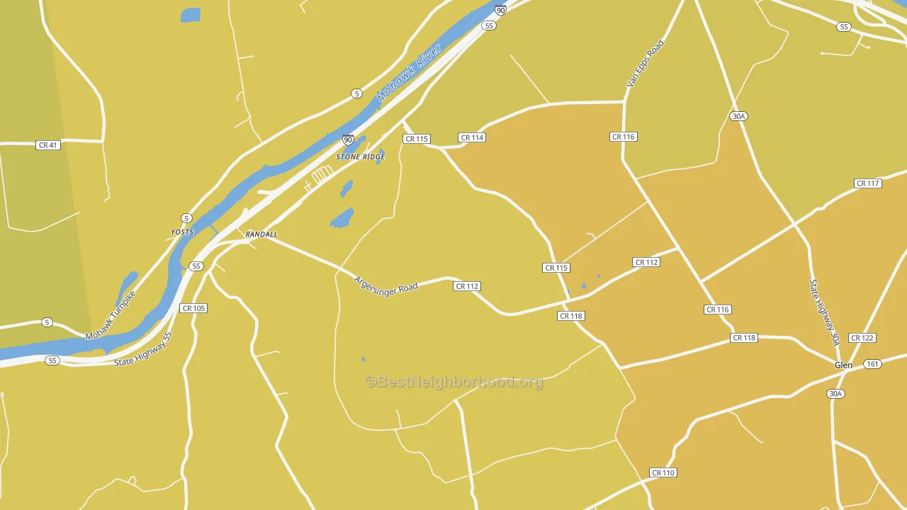Map of the best neighborhoods in the Auriesville area, with better matches in green and worse matches in red