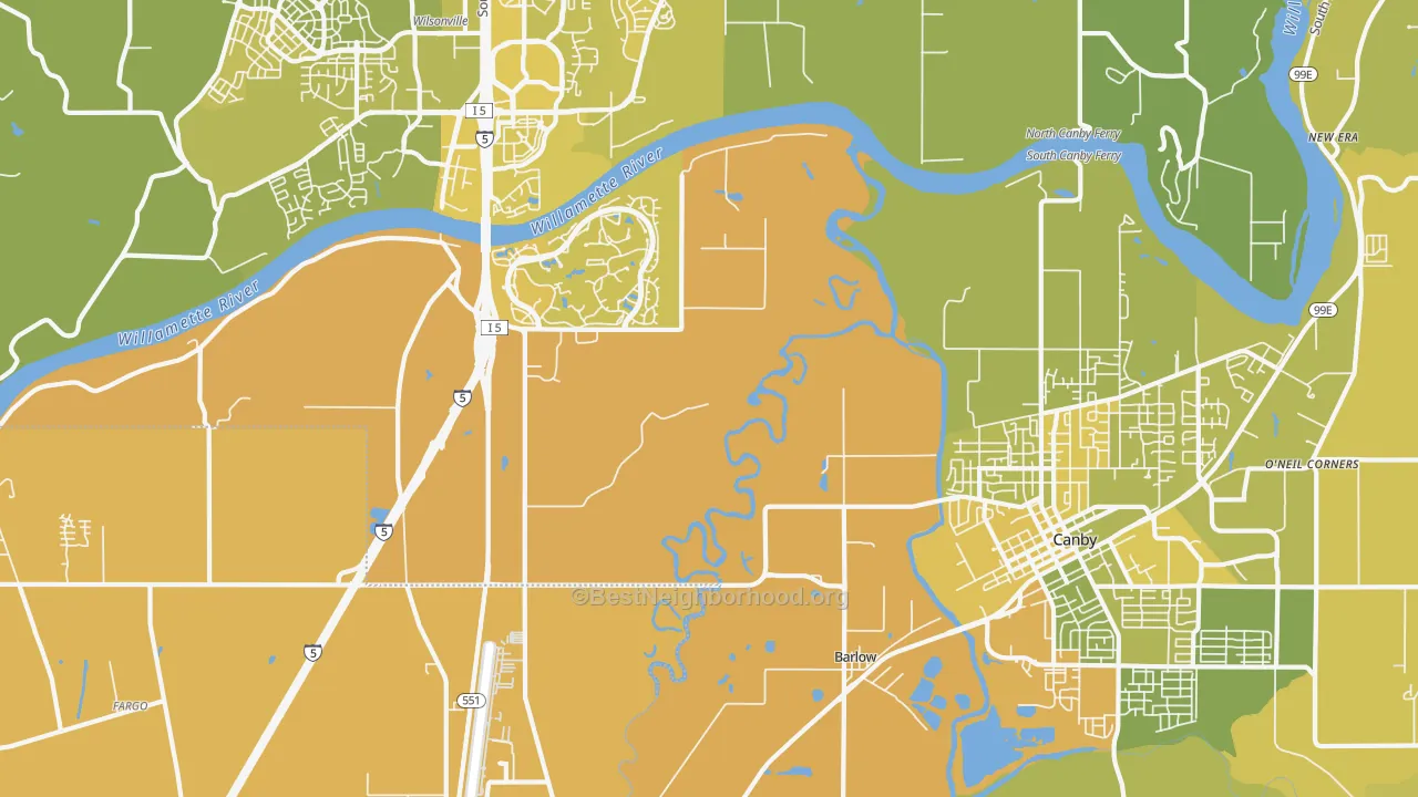Map of the best neighborhoods in the Aurora-Butteville-Barlow, Canby area, with better matches in green and worse matches in red