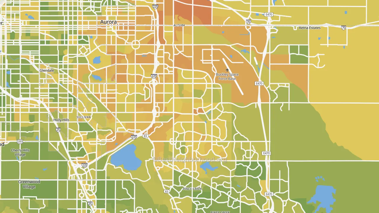 Map of the best neighborhoods in the Aurora area, with better matches in green and worse matches in red