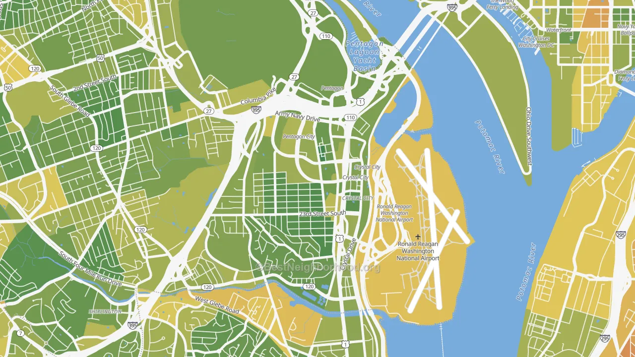 Map of the best neighborhoods in the Aurora Highlands, Arlington area, with better matches in green and worse matches in red