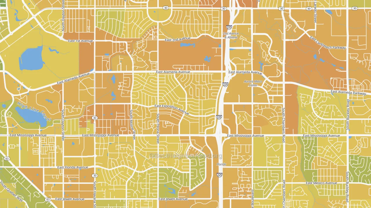 Map of the best neighborhoods in the Aurora Hills, Aurora area, with better matches in green and worse matches in red