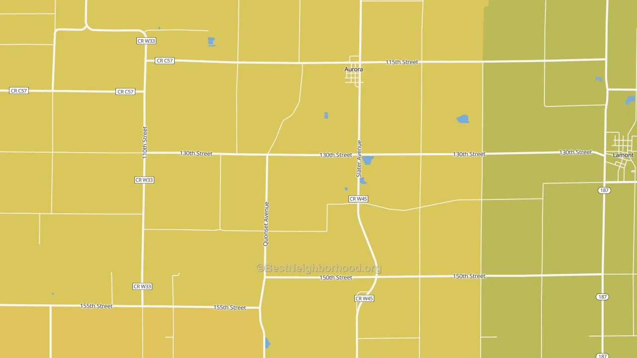Map of the best neighborhoods in the Aurora area, with better matches in green and worse matches in red