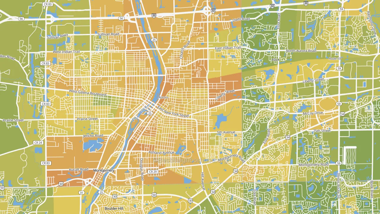 Map of the best neighborhoods in the Aurora area, with better matches in green and worse matches in red