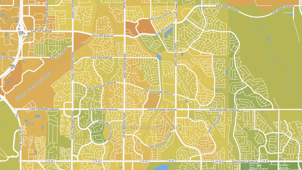 Map of the best neighborhoods in the Aurora Knolls-Hutchinson Heights, Aurora area, with better matches in green and worse matches in red