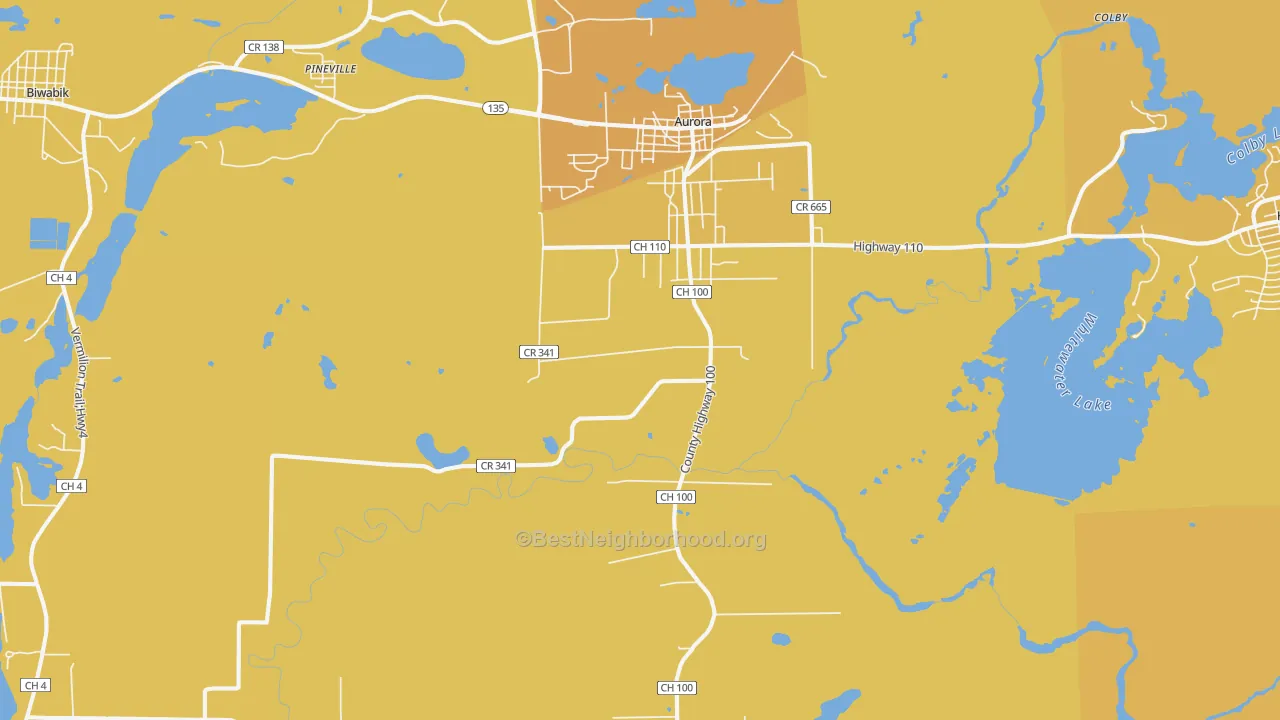 Map of the best neighborhoods in the Aurora area, with better matches in green and worse matches in red