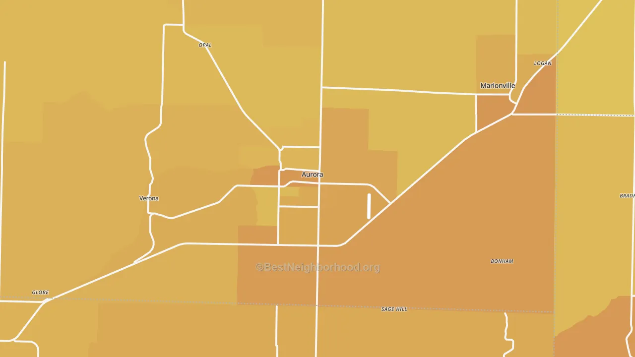 Map of the best neighborhoods in the Aurora area, with better matches in green and worse matches in red