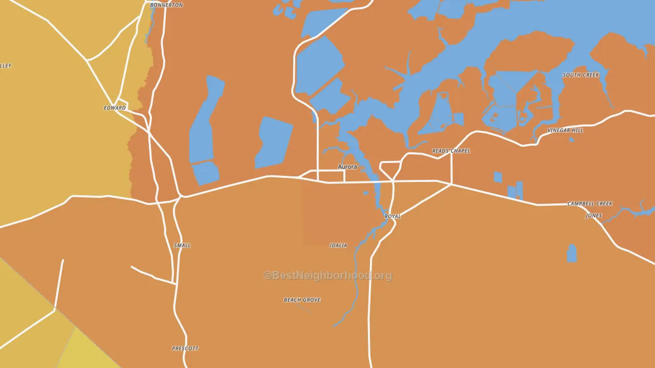 Map of the best neighborhoods in the Aurora area, with better matches in green and worse matches in red