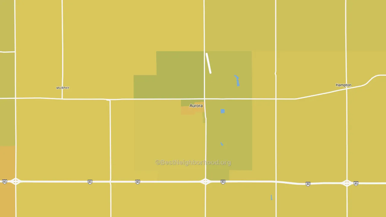 Map of the best neighborhoods in the Aurora area, with better matches in green and worse matches in red