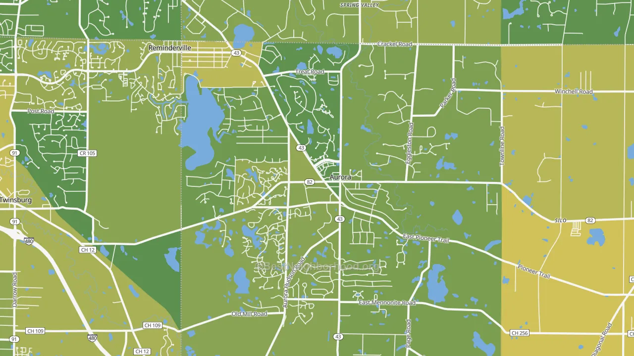 Map of the best neighborhoods in the Aurora area, with better matches in green and worse matches in red