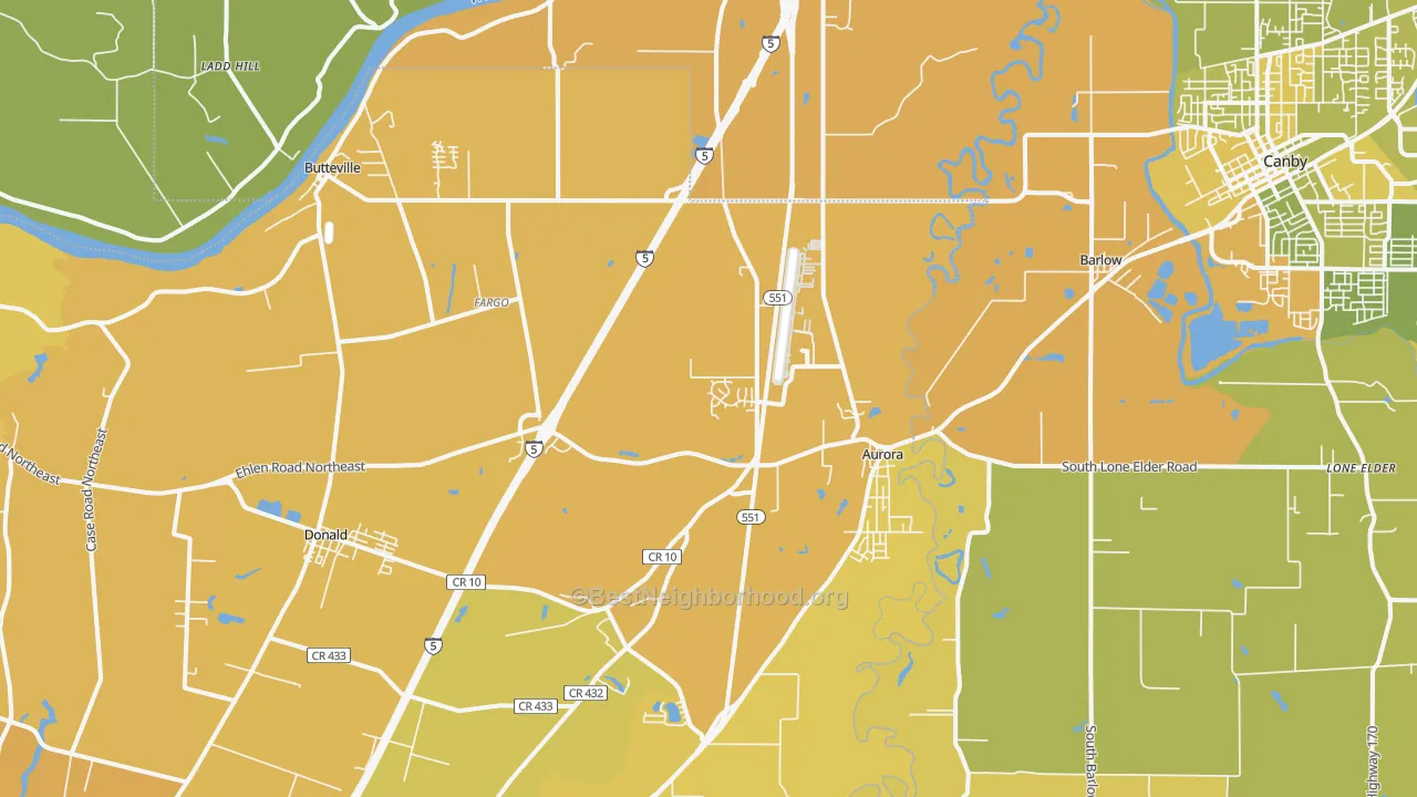 Map of the best neighborhoods in the Aurora area, with better matches in green and worse matches in red