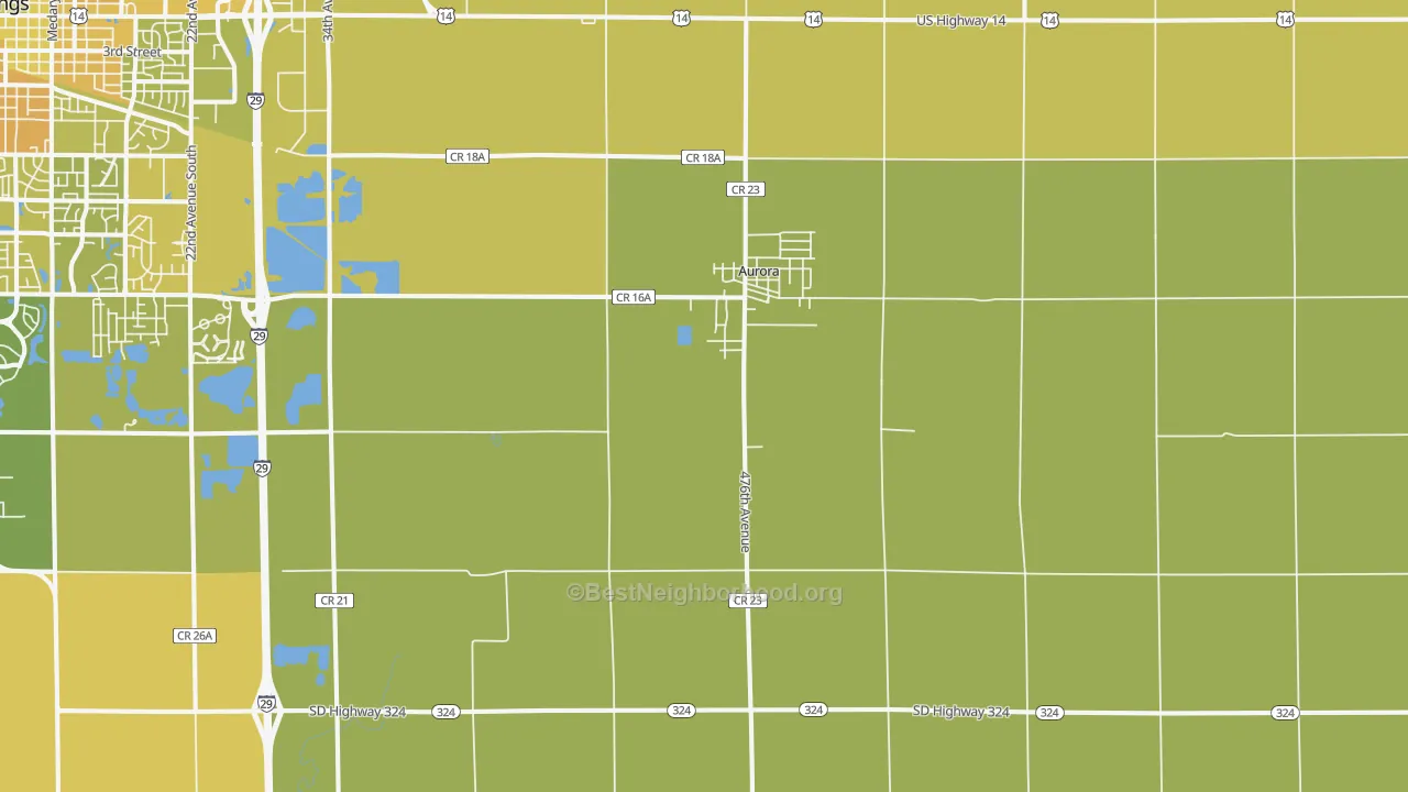Map of the best neighborhoods in the Aurora area, with better matches in green and worse matches in red