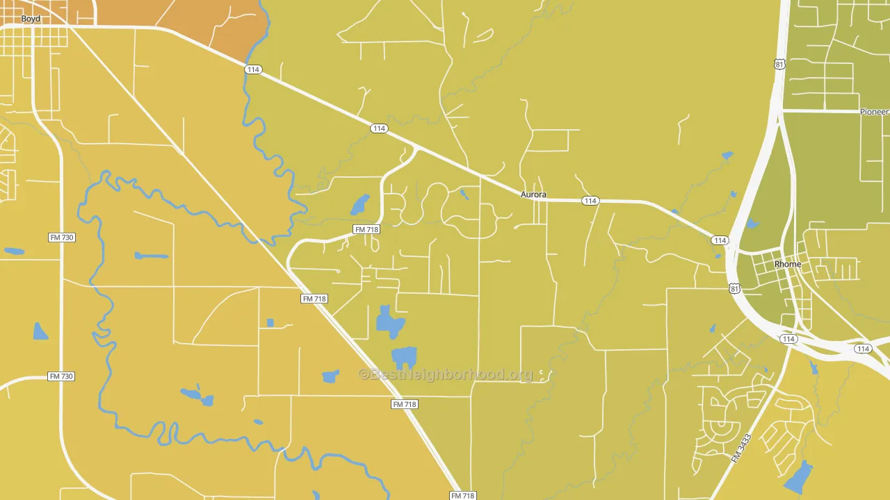 Map of the best neighborhoods in the Aurora area, with better matches in green and worse matches in red