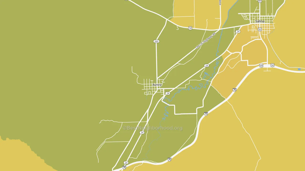 Map of the best neighborhoods in the Aurora area, with better matches in green and worse matches in red
