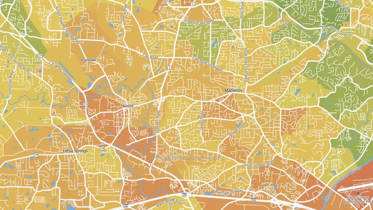 Map of the best neighborhoods in the Austell area, with better matches in green and worse matches in red