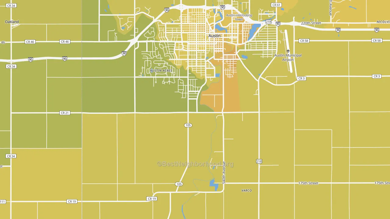 Map of the best neighborhoods in the Austin Acres area, with better matches in green and worse matches in red