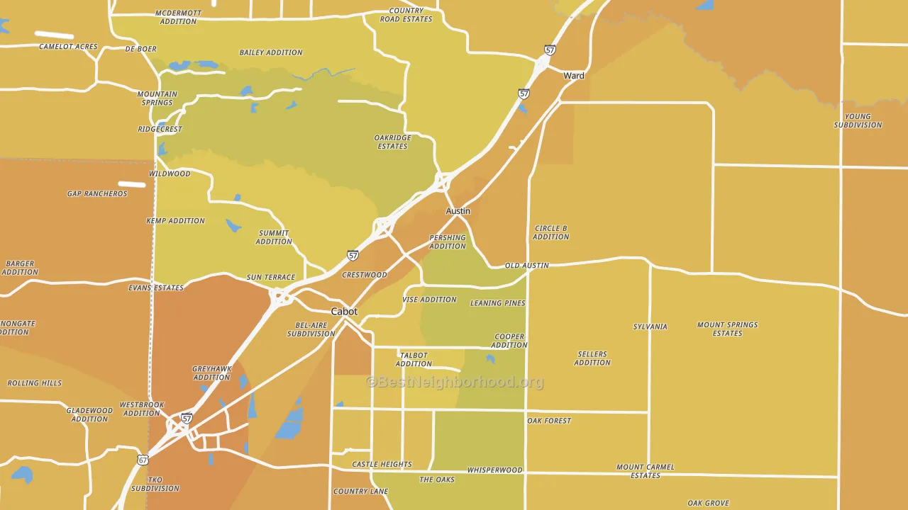 Map of the best neighborhoods in the Austin area, with better matches in green and worse matches in red