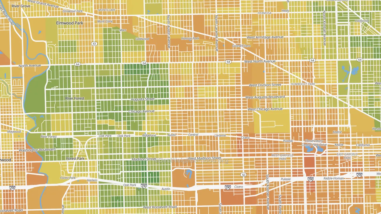 Map of the best neighborhoods in the Austin, Chicago area, with better matches in green and worse matches in red