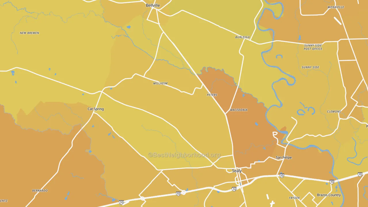 Map of the best neighborhoods in the Austin County area, with better matches in green and worse matches in red
